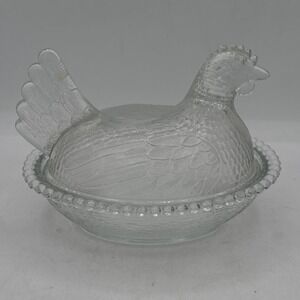 Vtg Indiana Glass Hen on Nest 7" Clear Covered Candy Dish Beaded Edge Farmhouse